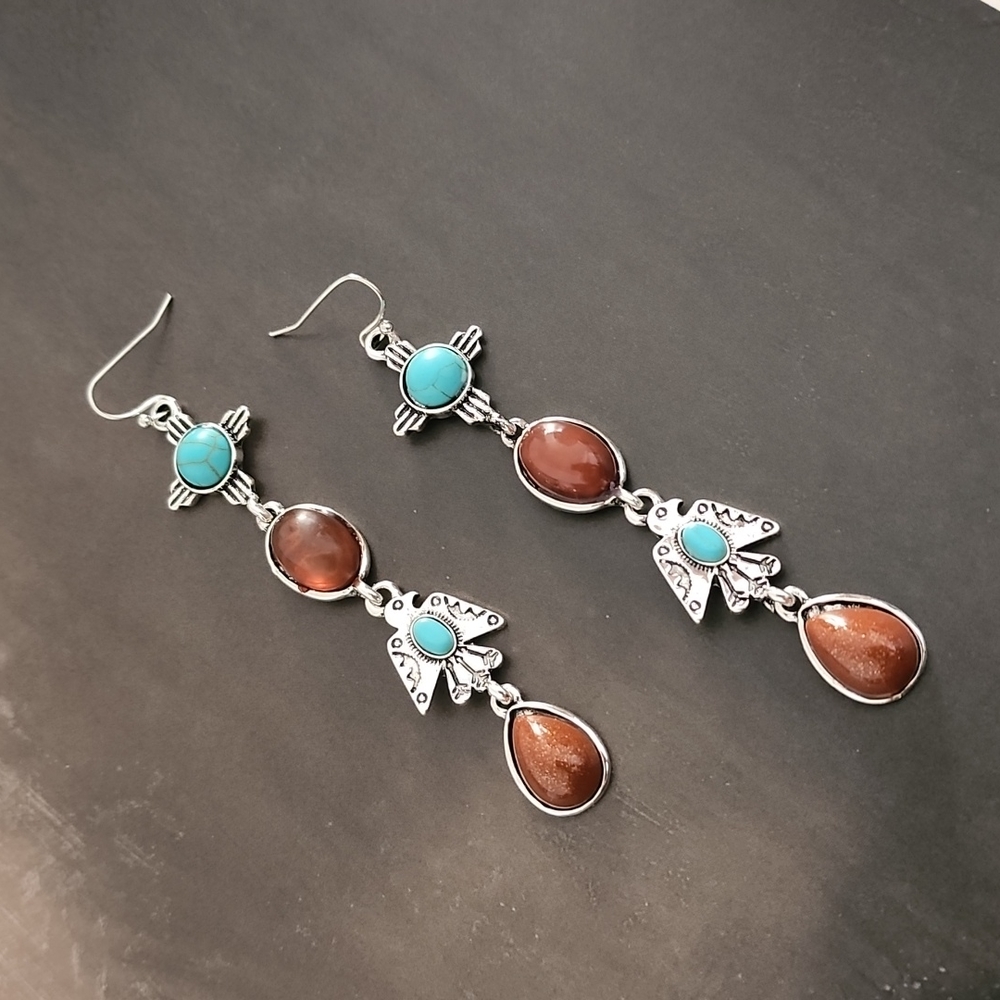 VINTAGE Turquoise Totem Dangle Earrings Boho Tribal Inspired Copper Goldstone - Picture 4 of 13
